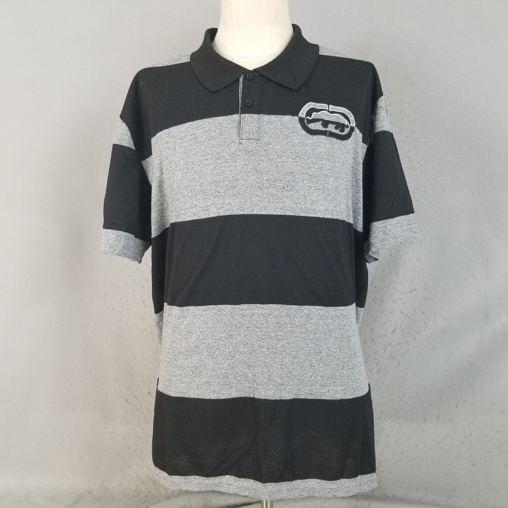 Ecko Unltd Polo Shirt Mens 2XL Black Grey Striped Rhino Logo Streetwear Polo